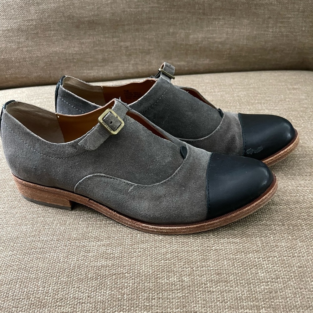 Women's Gray Suede Monk Strap Cap-Toe Shoes